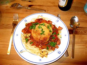 Ludis Restetomatensouce (mind. 2kg Wurst) mit Jgerschnizel und Spagetti